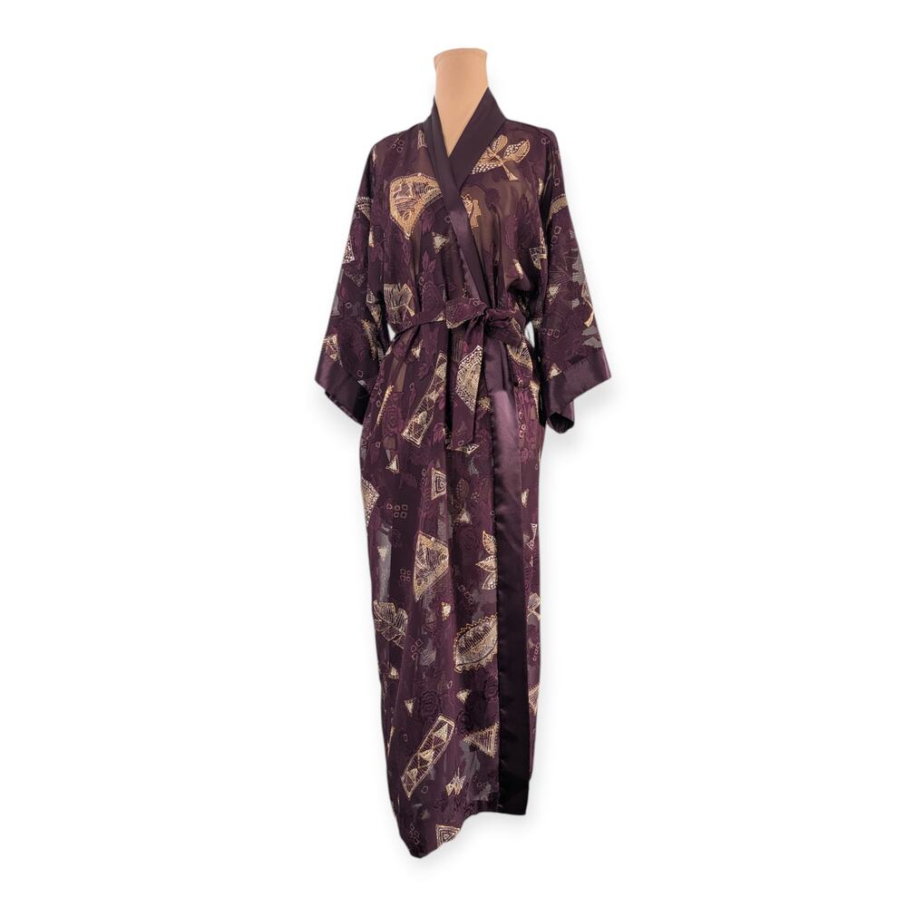 Vintage Burgundy Sheer Floral Burnout Robe ~ California Dynasty ~ Medium